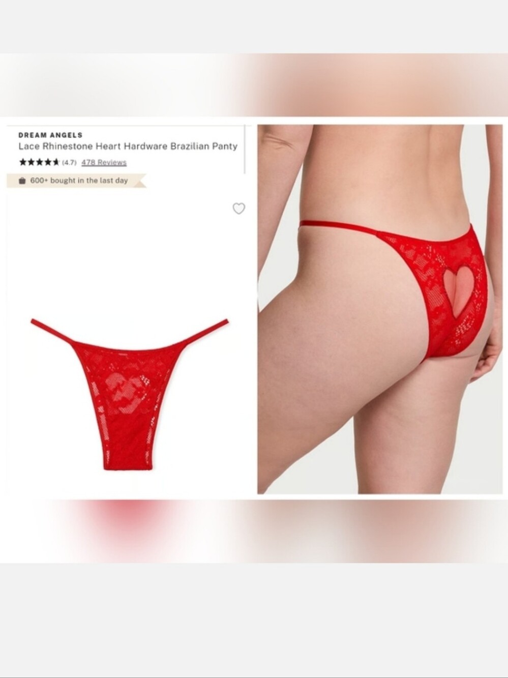 Victoria's Secret Dream Angel's Lace Rhinestone Heart Hardware Brazilian Panty